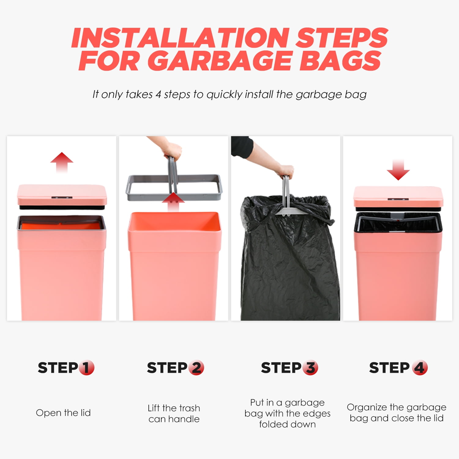 YRLLENSDAN Kitchen Trash Can 13 Gallon Bathroom Trash Can with Lid Automatic Trash Can Touchless With Motion Sensor ABS Plastic Trash Bin for Bedroom Garbage Can 4 pack,Pink