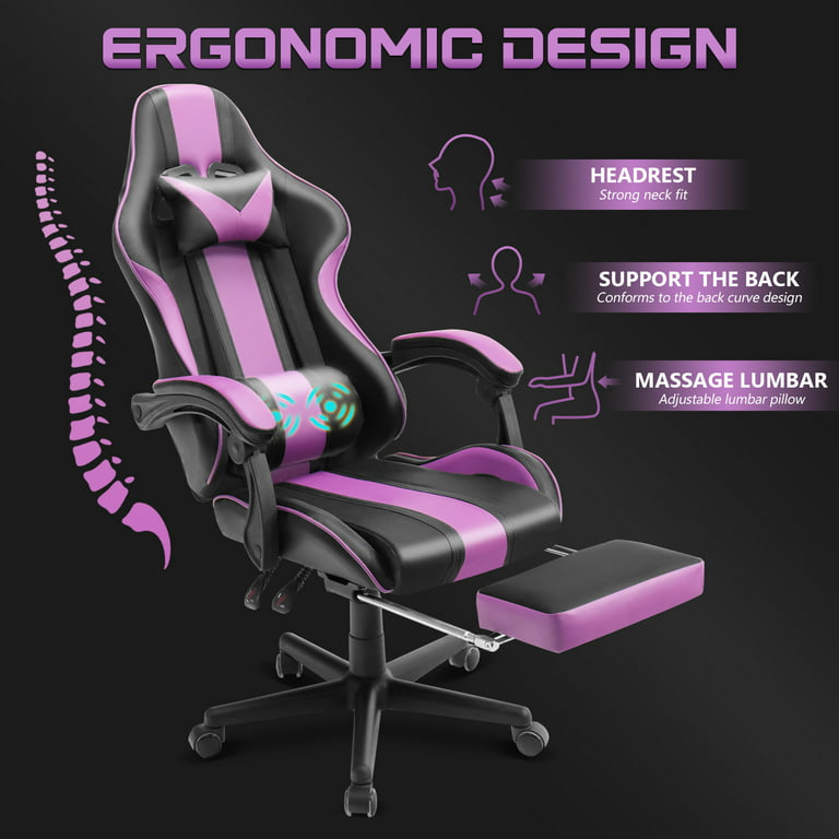 Ferghana Massage Gaming Chair with Footrest, Office Chair with Lumbar Pillow  and Headrest, Swivel Leather Gamer Chairs for Adults Kids, Purple 