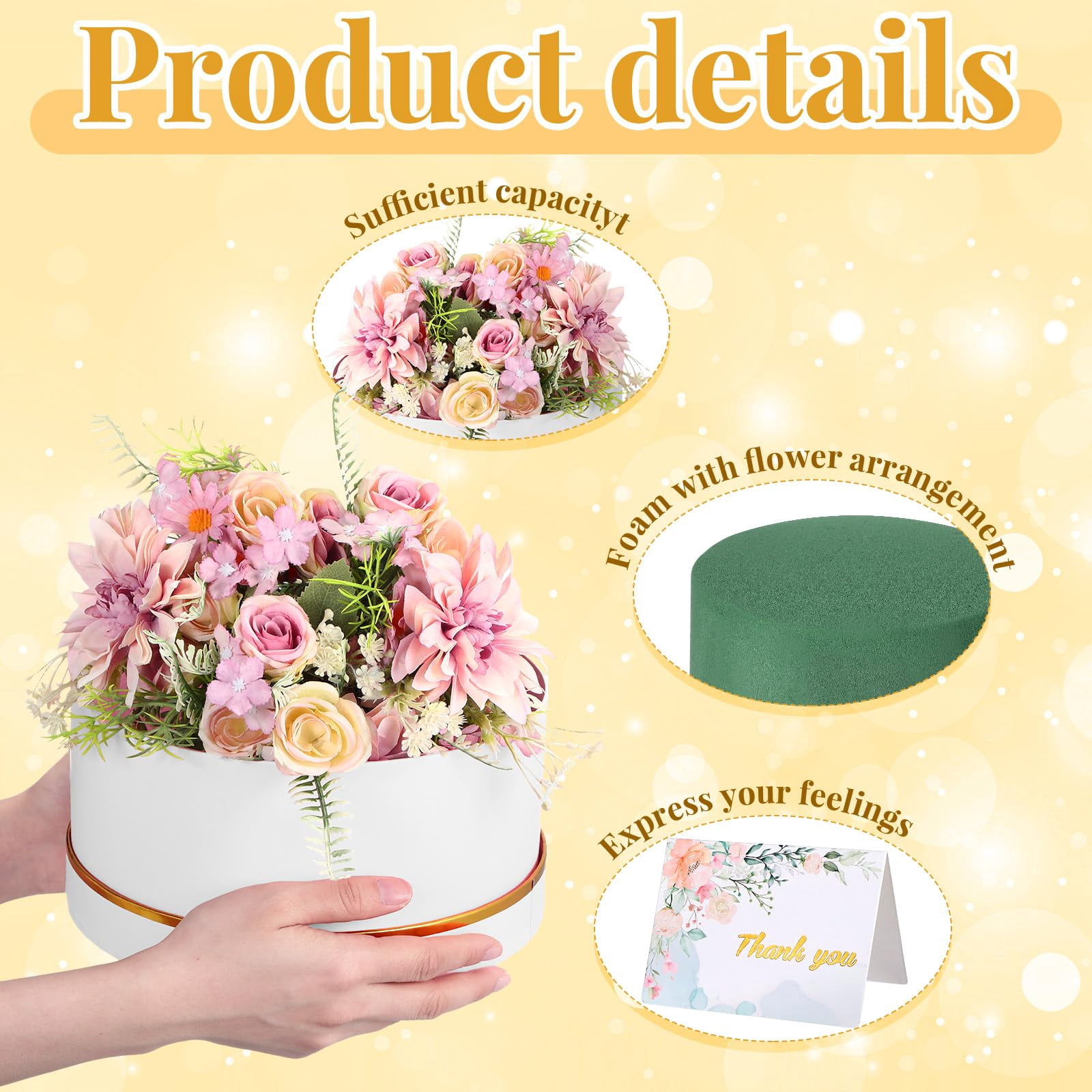 2 Round Gift Boxes With Lids Floral Foam Led Light Thank You Greeting Cards Flower Arrangements Supplies For Valentine Birthday Wedding Bridesmaid Proposal(white)