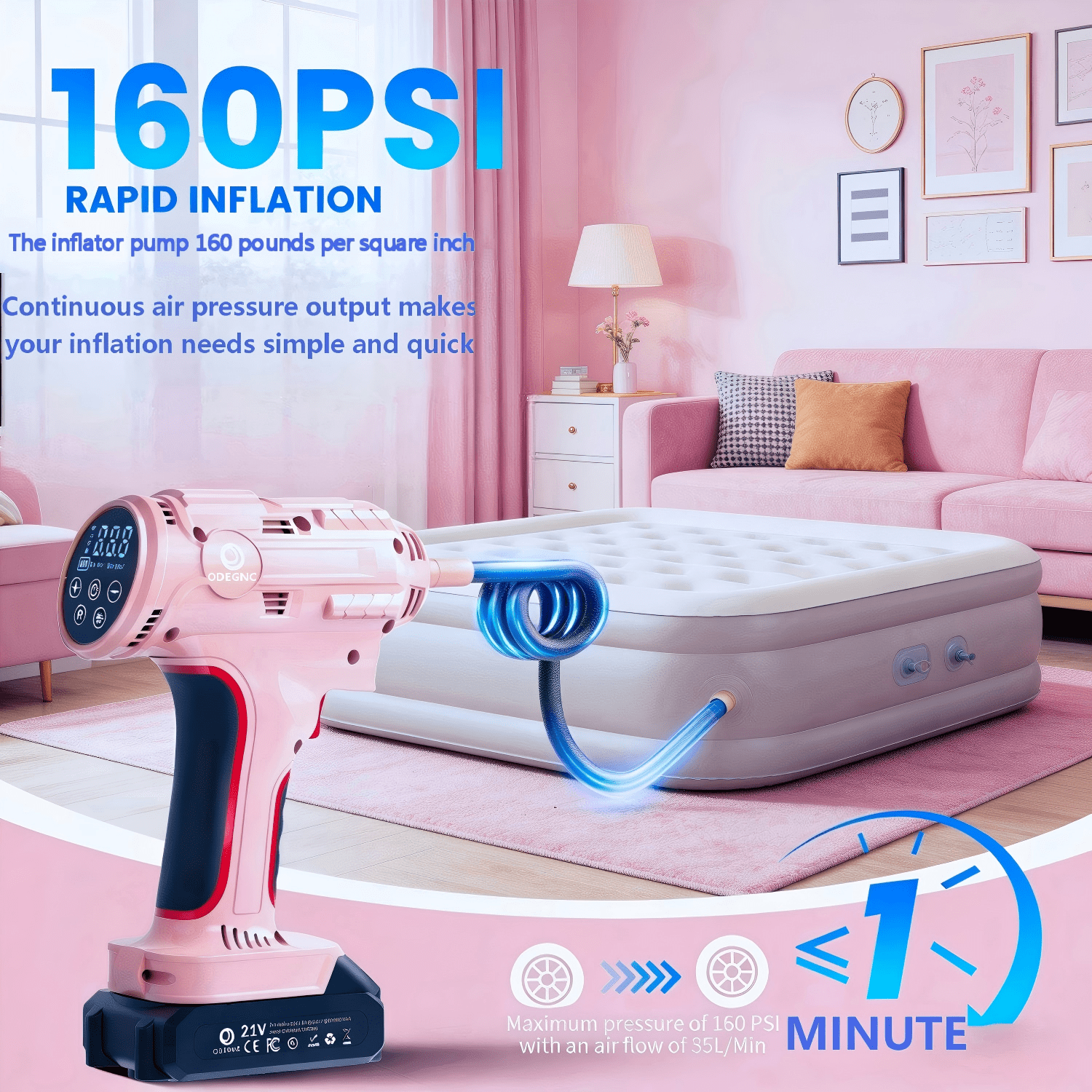 ODEGNC 21V 160PSI Cordless Tire Inflator, 10000mAh Portable Air Compressor, Auto Shut-off, 12V DC Car Air Pump for Vehicle