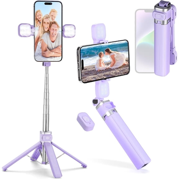 Mini iPhone Tripod Stand & Selfie Stick with Wireless Remote Removable Light, Extendable 360 Rotation Compatible Android (Purple)