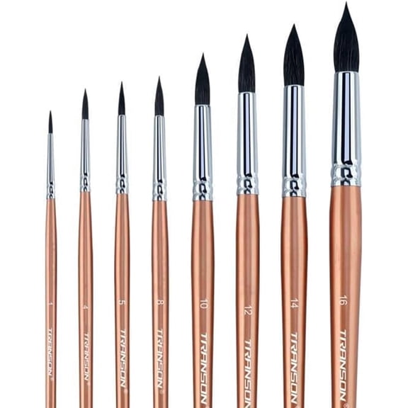 Transon 8pcs Round Watercolor Paint Brush Set for Watercolors,Acrylics,Inks,Gouache,Oil and Tempera