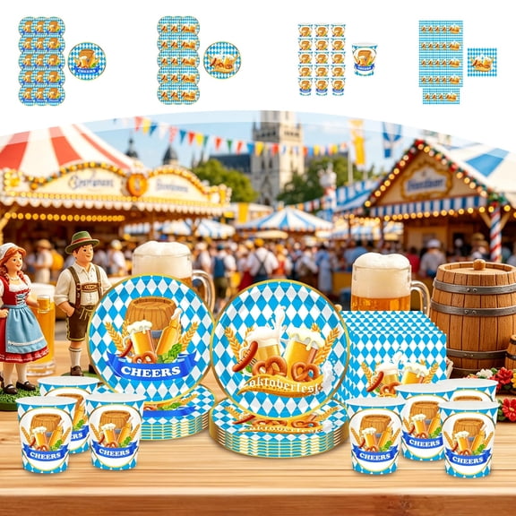 Ouuluon Festive Convenient Oktoberfest Party Tableware Set, Disposable Paper Plates Cups Napkins for Beer Festival Decor