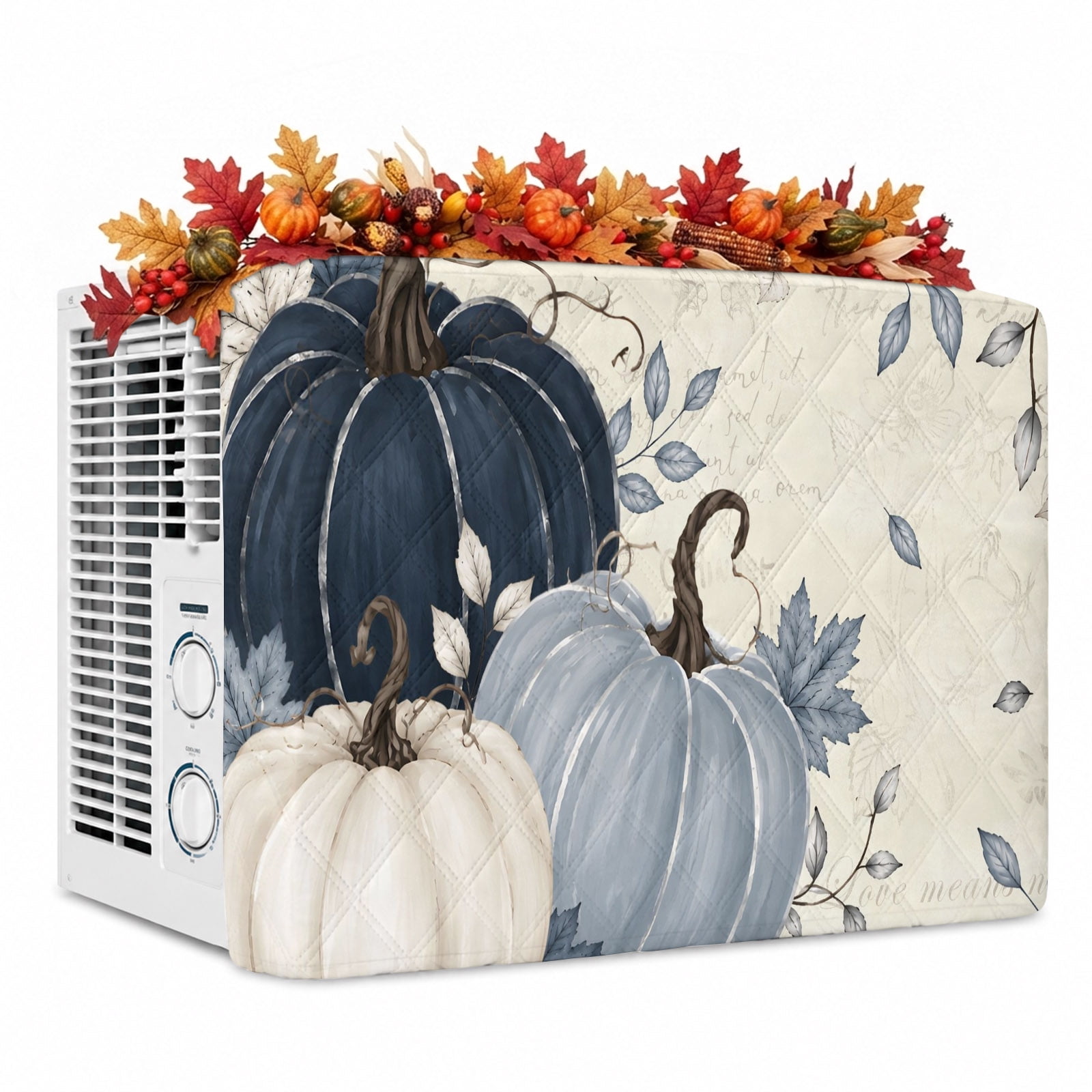 Navy Blue Fall Pumpkin Indoor Air Conditioner Covers Double Insulation AC Unit Cover with Drawstring Thanksgiving Botanical Harvest Waterproof Window Air Conditioner Covers for Inside 17 x13 x3.5