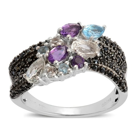 stylish Elegant Unique Green Amethyst Multi Gemstone Platinum Plated Silver Fashion Ring Jewelry for Women 1.6 Cttw Size 7