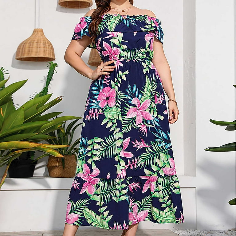 Plus Size Summer Dress Women Off Shoulder Party Maxi Dress Ruffle