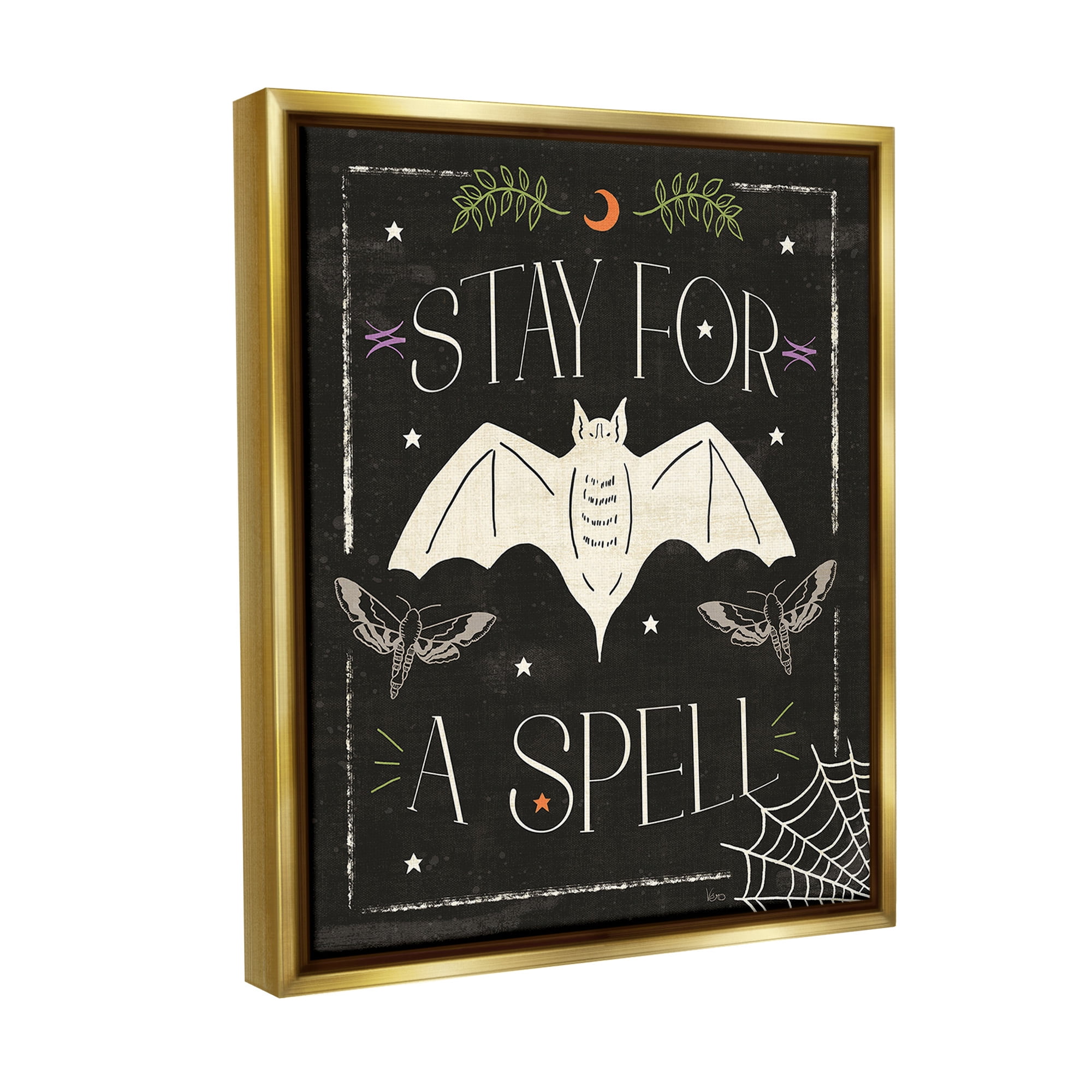 Stupell Industries Stay For A Spell Phrase Holiday Painting Gold Floater Framed Canvas Art Print Wall Art, 25 x 31