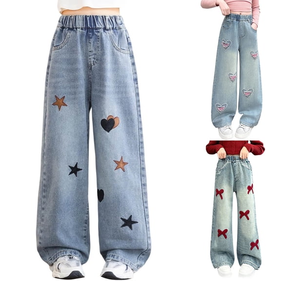 SGMVNU Jeans for Girls Fashion Embroidery Elastic Waist Wide Leg Denim Pants for Little/ Girls Preppy Clothes, Size 16-17 Years, Blue#2