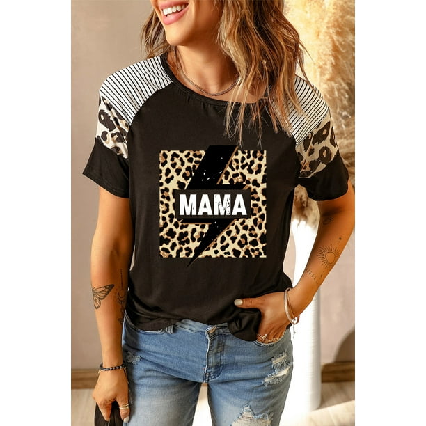 ABPHQTO Camiseta negra de manga corta con estampado de rayas y relámpagos de leopardo MAMA para mujer
