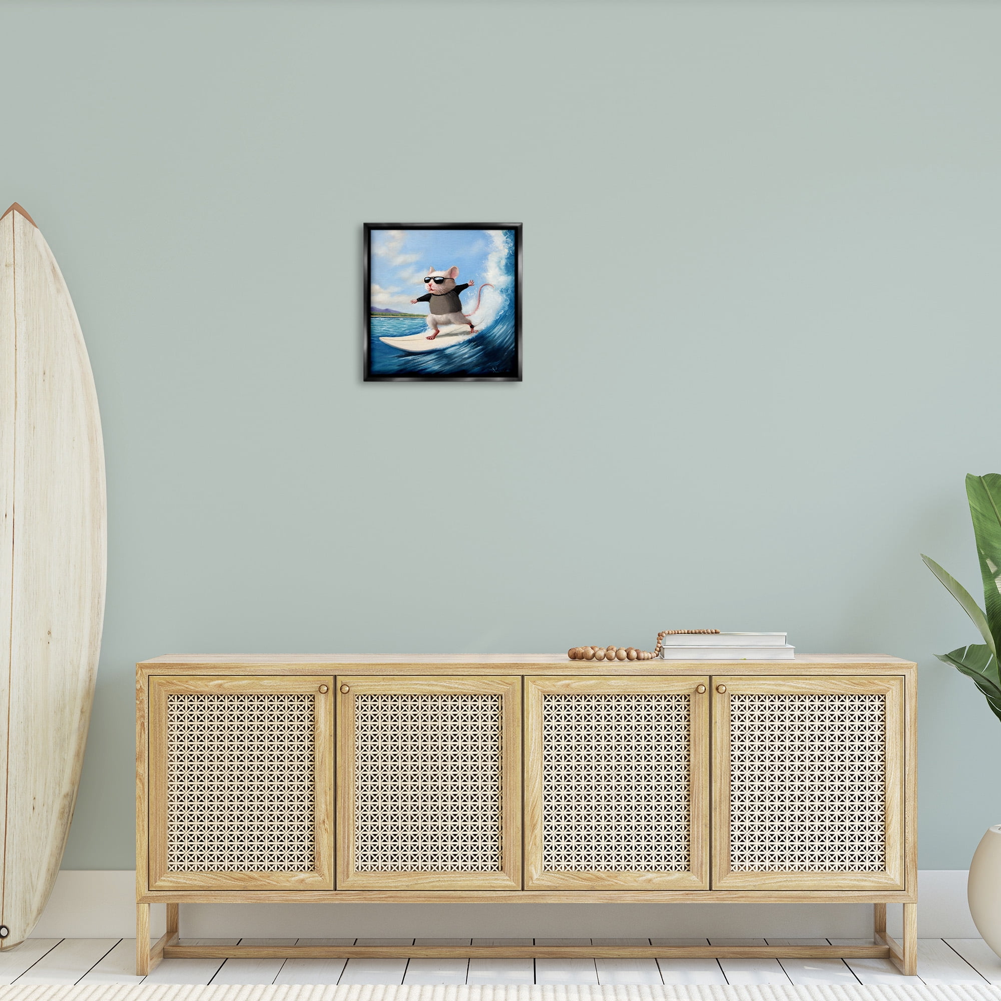Stupell Industries Cool Surfer Mouse Blue Ocean Waves Animals & Insects Painting Black Floater Framed Canvas Art Print Wall Art, 18 x 18