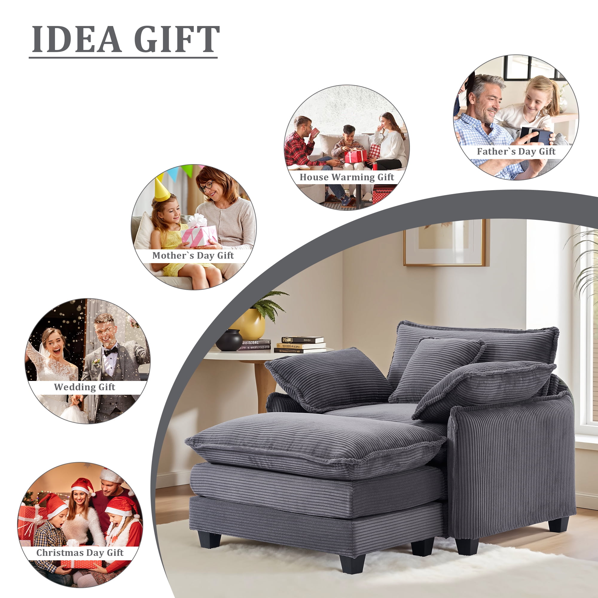 Gexpusm Wide Upholstered Sofa for Living Room and Bedroom, Comfy Living Room Chair, Single Sofa with Ottoman, Gray