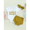 thumbnail image 2 of Bagilaanoe 3Pcs Newborn Baby Girl Easter Outfits Letter Print Short Sleeve Romper Tops + Shorts + Headband 3M 6M 12M 18M 24M Infant Short Pants Set, 2 of 9