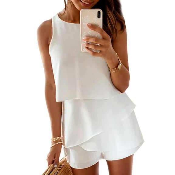 SANOPY Womens Elegant Chiffon Summer Rompers Chic Crew Neck Sleeveless Wave Ruffle Design Urban Style Short Jumpsuit