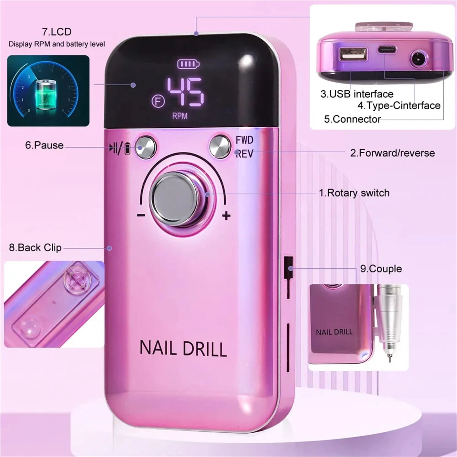 45000RPM Electric Nail Drill Machine Professional Nail Drills for Gel Nails Polish Low Noise Rechargeable  Portable Nail File