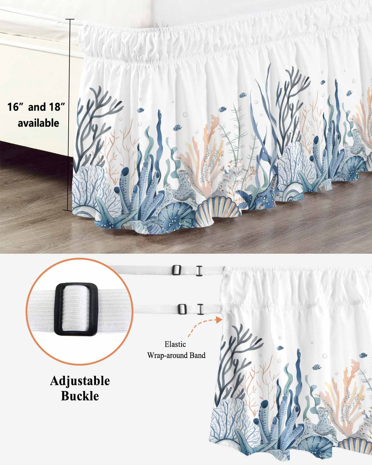 Summer Coastal Coral Wrap Around Bed Skirts for Queen Bed 16" Drop, Bed Skirt with Adjustable Elastic Belt Dust Ruffle Bed Valance for Bedroom Hotel Luxury Blue Ocean Conch Shell Blue Bed Frame Cover