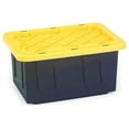 thumbnail image 2 of HeSLehs 15-Gallon Durabilt Plastic Stackable Storage Organizer Container w/Snap Lid and Hasps for Tie-Down Straps or Locks, Black/Yellow (2 Pack), 2 of 9