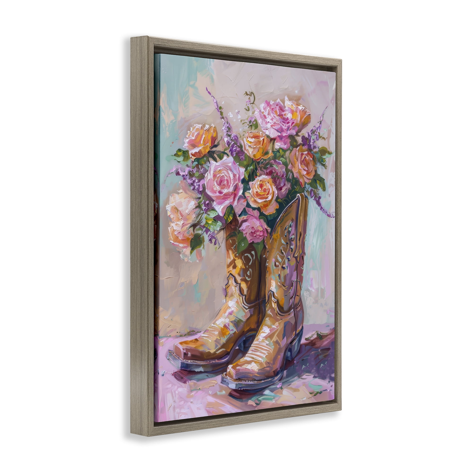 Stupell Industries Floral Boots Bouquet Plants & Flowers Painting Brown Floater Framed Canvas Art Print Wall Art, 17 x 25