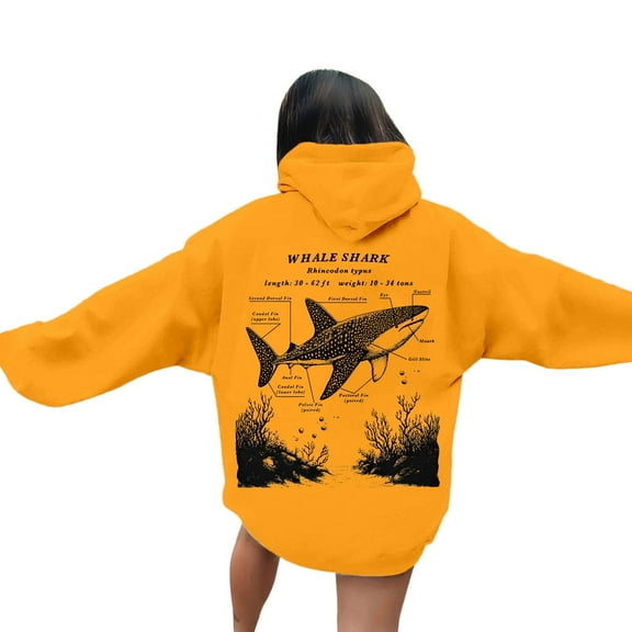 Fiaer Women's Hooded Sweatshirts Loose Drawstring Hoodies Ocean Theme Graphic Long Sleeve Tops with Pocket Yellow XL