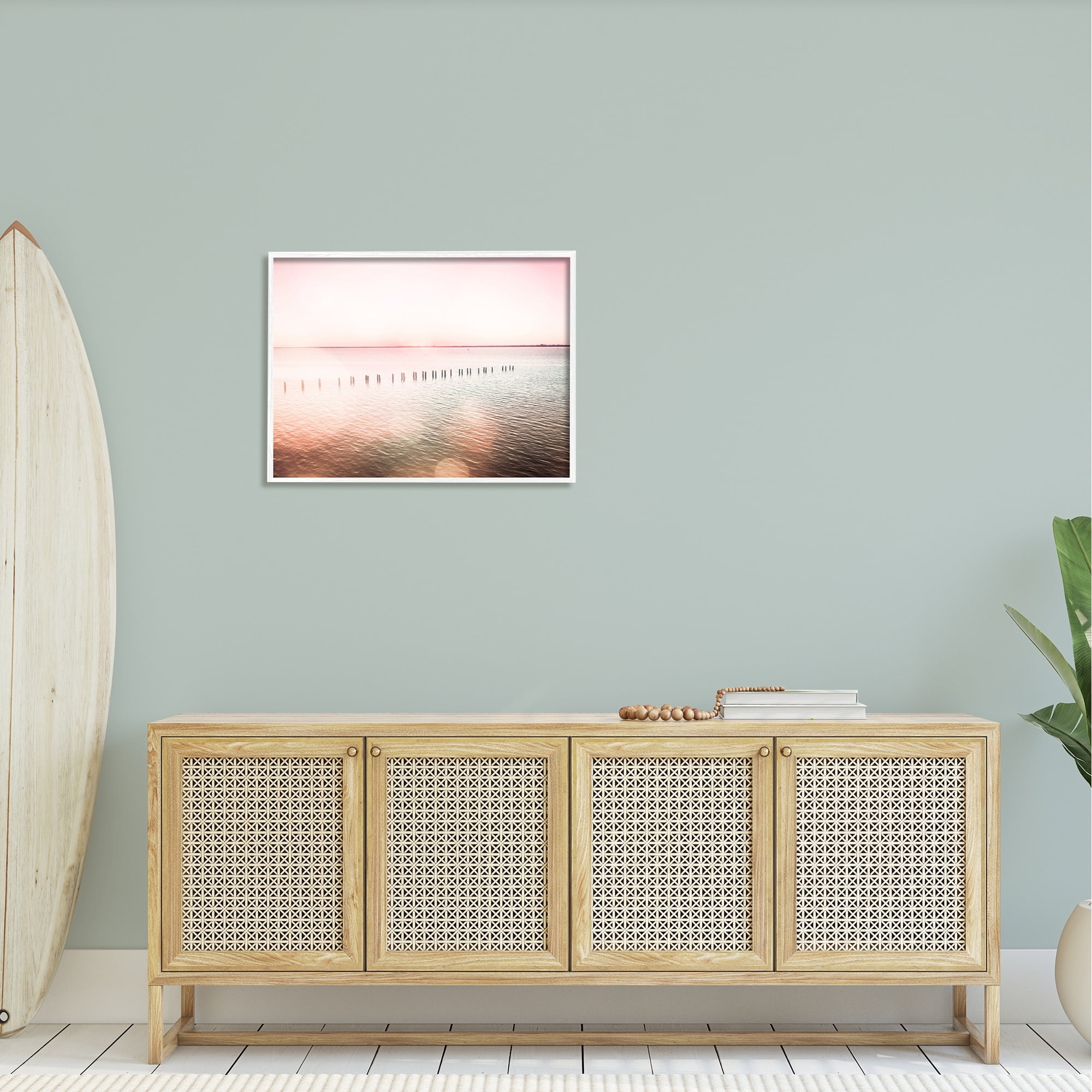 Stupell Industries Sunny Pink Ocean Posts Horizon Round Light Rays Framed Wall Art, 30 x 24, Design by Amy Brinkman