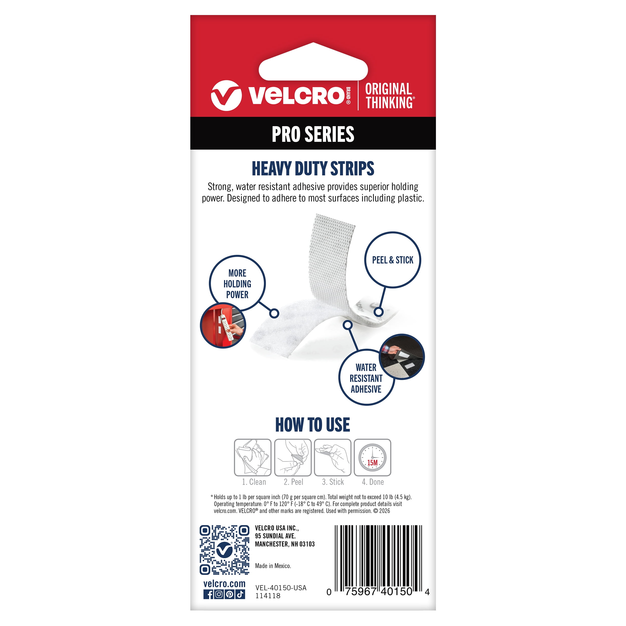 VELCRO Brand PRO Series Heavy Duty Fastener Strips, Holds up to 10 lbs, White, 4 in x 1 in, 6 Count