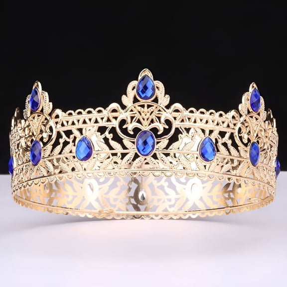 DESIGNICE Crown King Crown, Birthday Crown, Wedding Crown Headpiece, Cosplay King Crown, Elegant Decorative Crown Headbands - 1 Pc 16.5X16.5X6.5Cm, Gold Blue