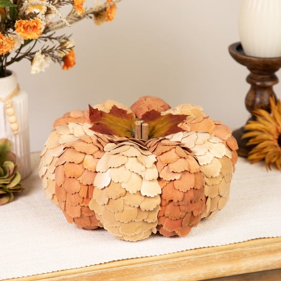 Fall Harvest Layered Wooden Leaves Pumpkin - 10" - Beige and Orange