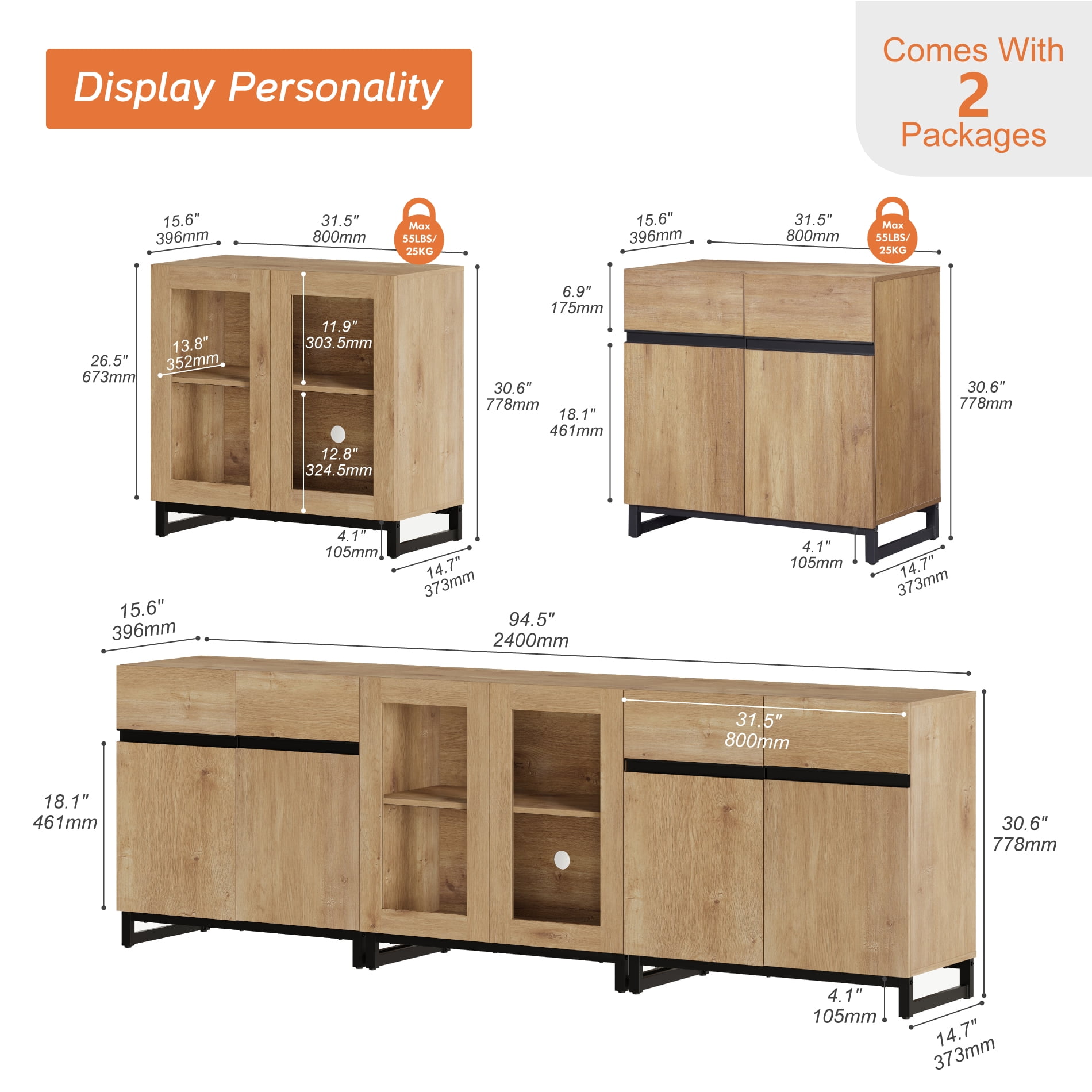 Modern Sideboard With Adjustable Shelves, 3 In 1 Storage Cabinet With Glass Doors, Coffee Bar Cabinet For Living Room, Kitchen,Oak
