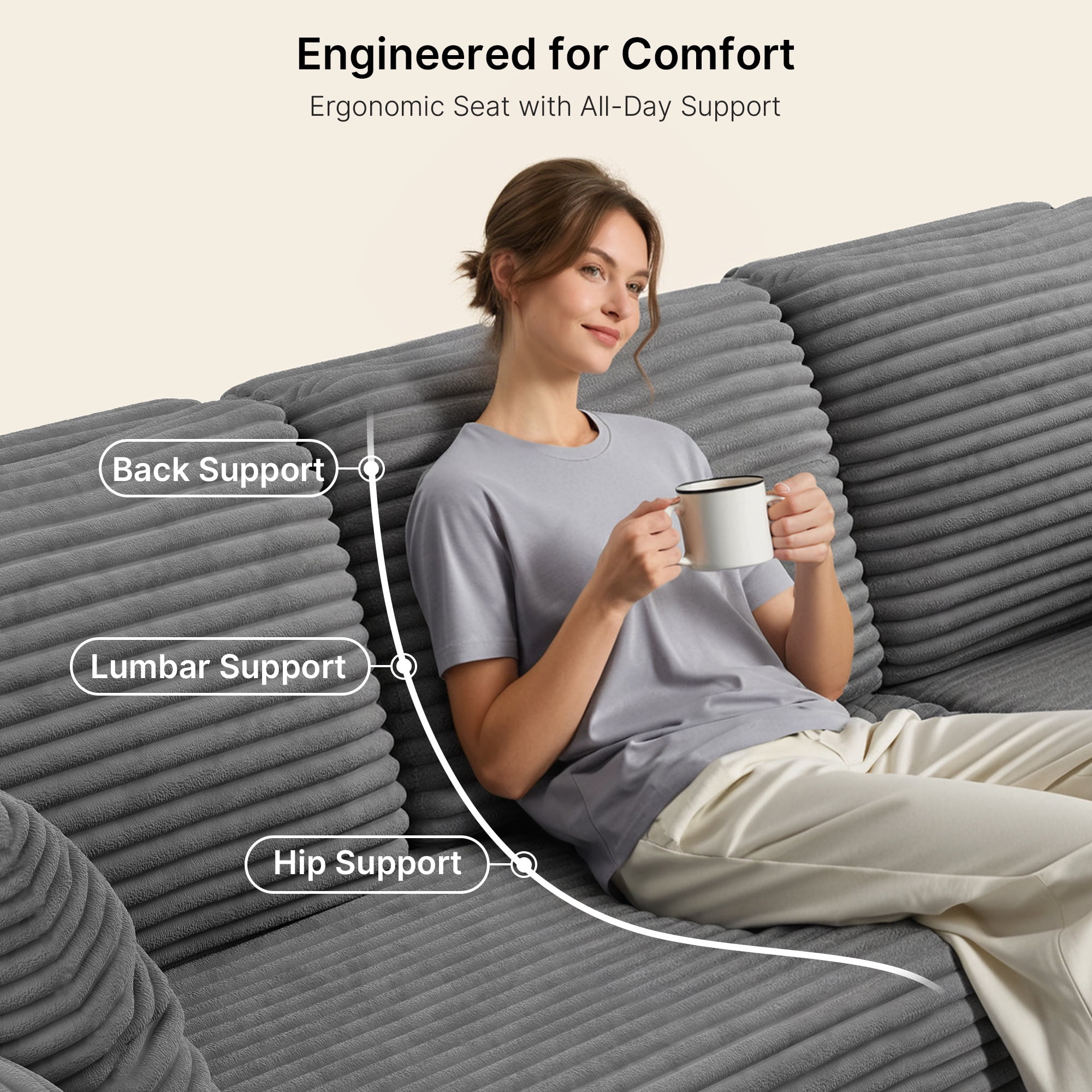 Cloud Sofa, 105" Couches for Living Room, L-Shaped Modular Sectional, No Assembly Boneless Deep Seat, Gray Corduroy