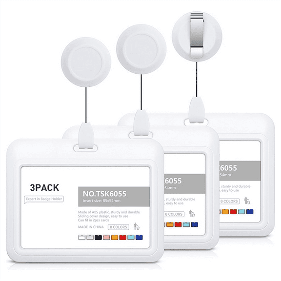 Retractable Badge Holders, Plastic Sliding ID Holder with Reel Clips, 3 Pack Horizontal White