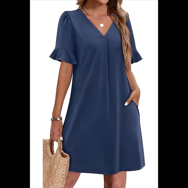 Vestidos de Verano para Mujer, Vestido Informal de Corte Recto con Cuello en V, Corta y Volantes, con Bolsillos, Azul Marino, Talla L