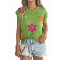 thumbnail image 2 of Women'S Cap Sleeve Floral Short Sleeve Sweater Crew Neck Casual Knit Pullover Tops Green M, 2 of 10