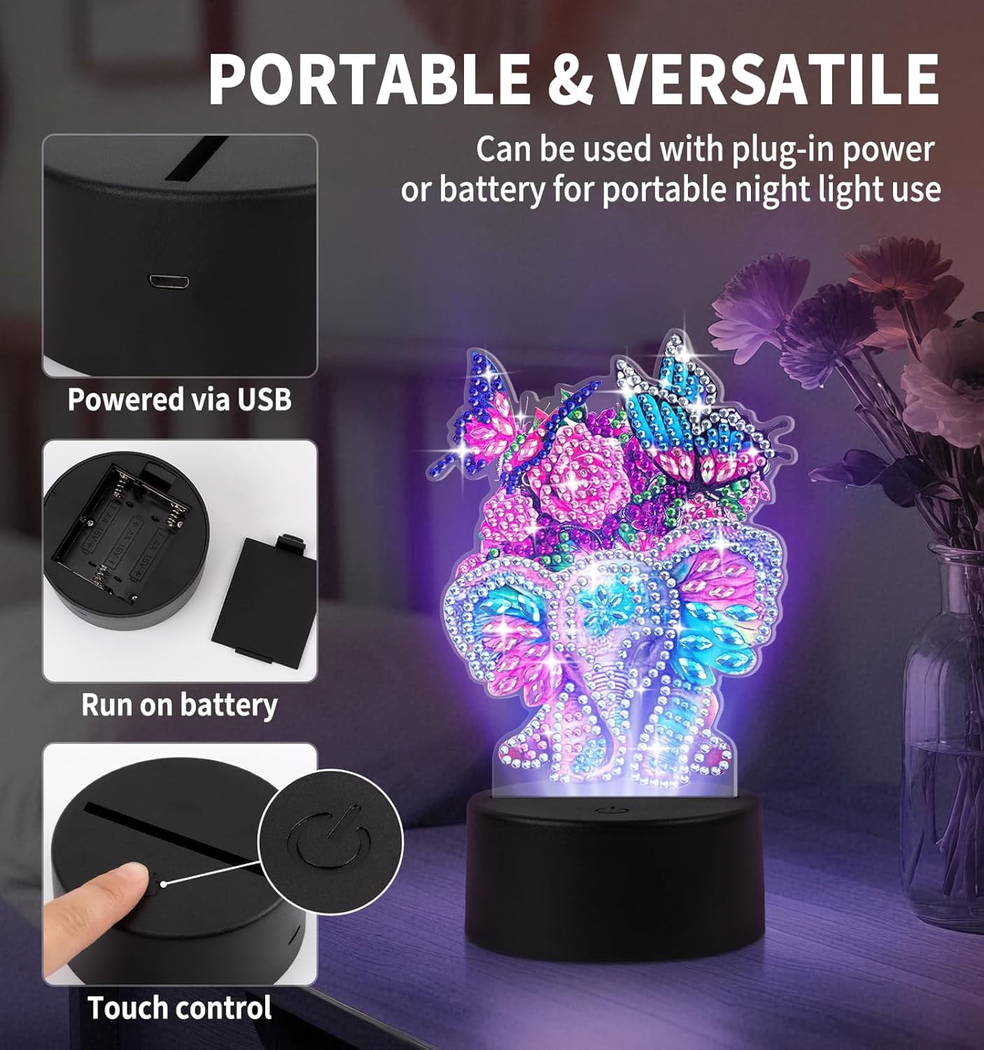 Elephant Diamond Painting Night Light, Touch Lamp Desktop Ornament for Adults Beginners, Home Bedroom Decor