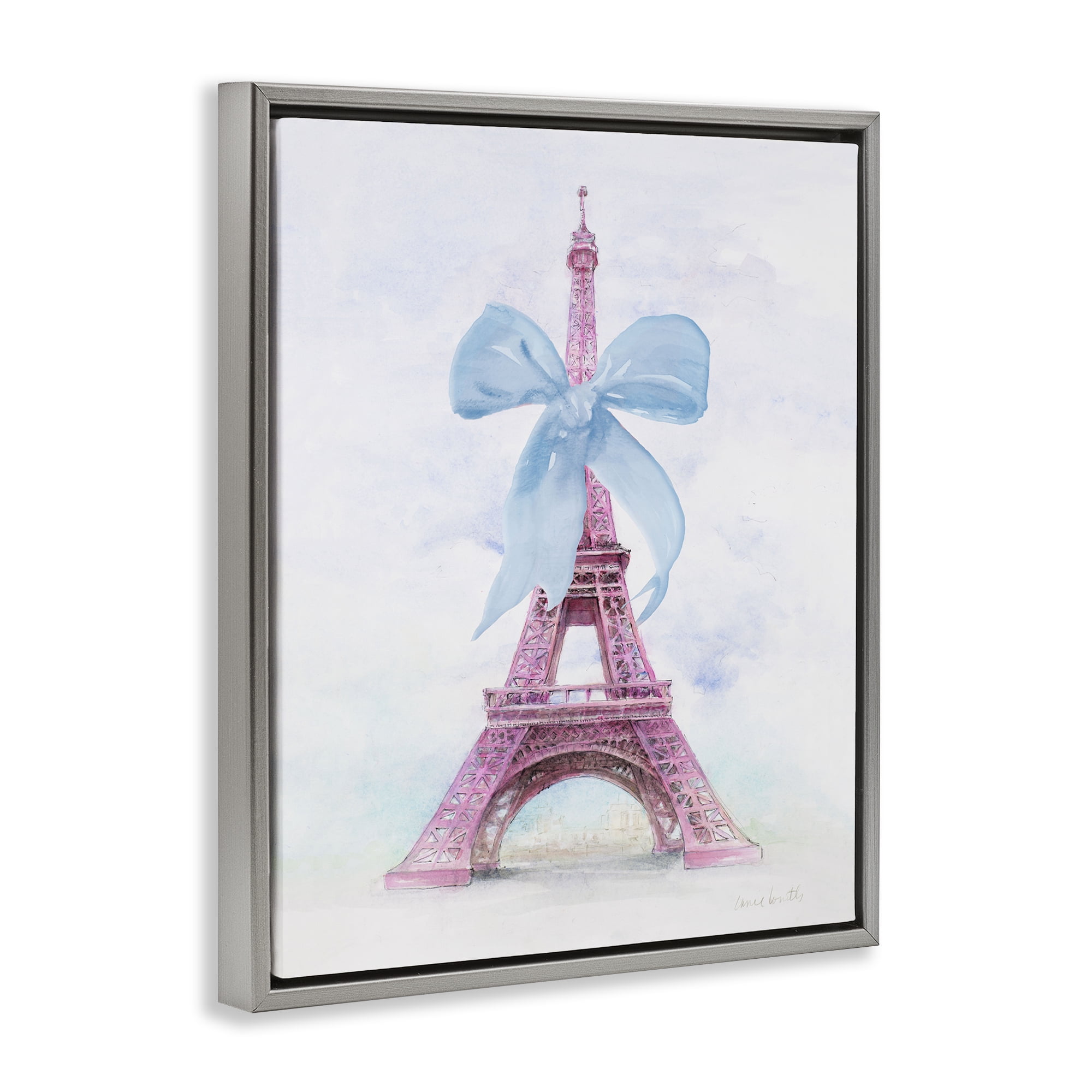 Stupell Industries Pretty Bow Eiffel Tower Buildings & Architecture Painting Gray Floater Framed Canvas Art Print Wall Art, 17 x 21