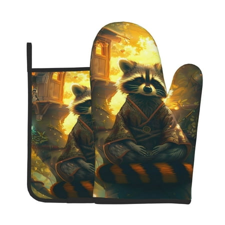 

Tebeau Tree Meditating Raccoon Print Oven Mitts and Pan Racks 2-Piece Set Kitchen Oven Mitts and Pan Racks Heat Resistant 500 °F for Baking and Cooking