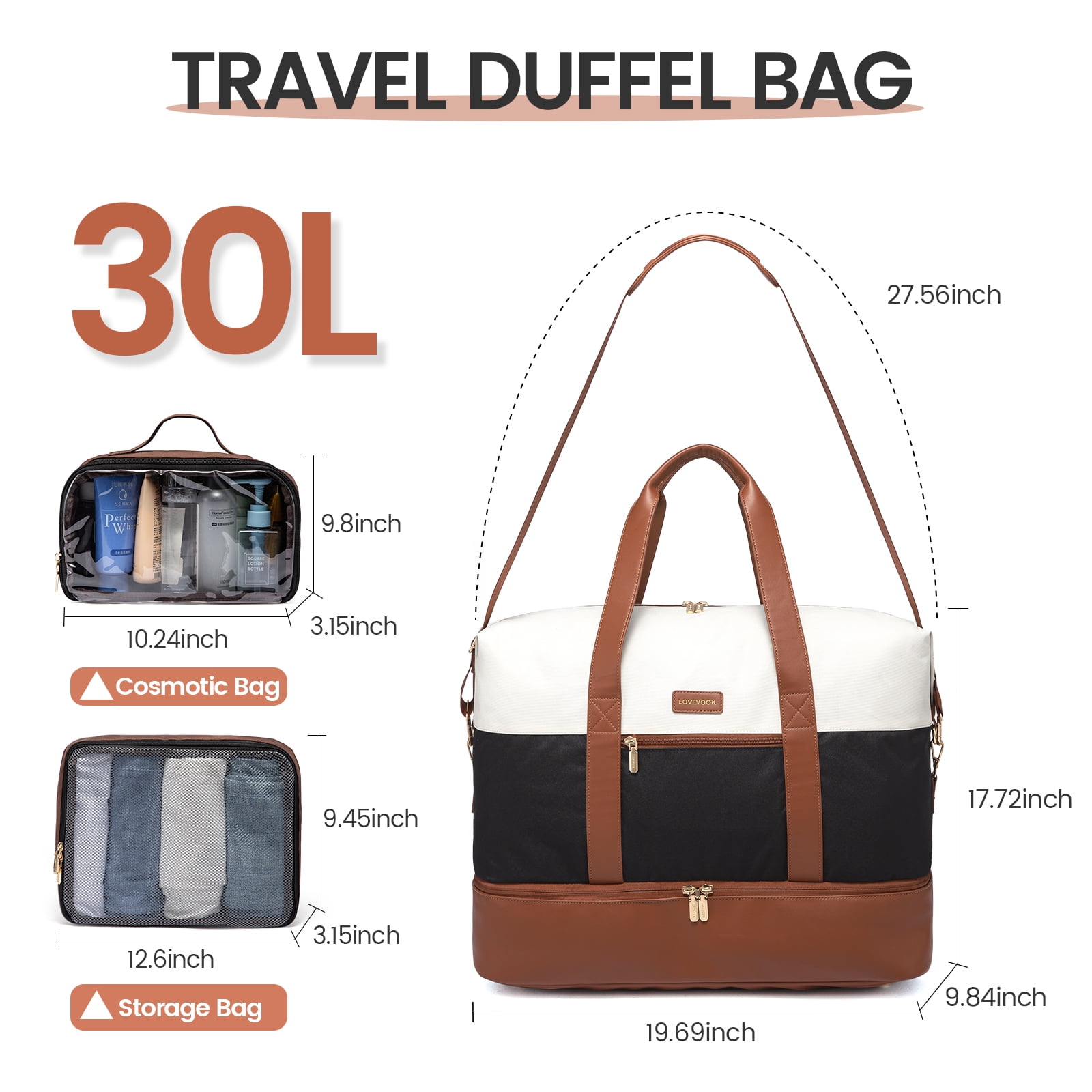 Lovevook Travel Duffel Bag for Women, Large Weekender Overnight Bag, Carry-on Gym Bag with Separate Shoes Compartment, Mom Hospital Bags for Labor and Delivery with 2 Packing Cubes