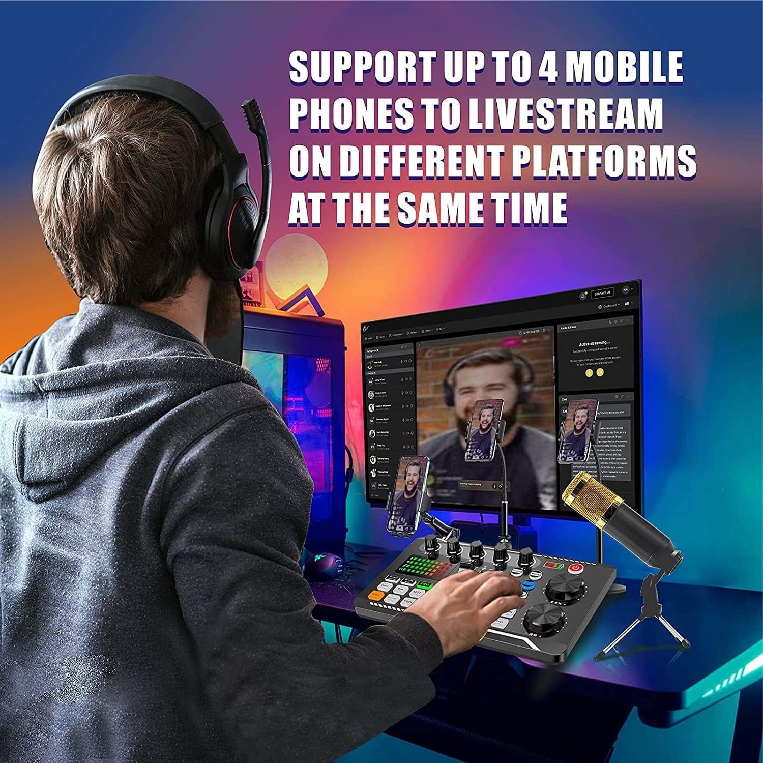 Podcast Microphone Bundle, Live Sound Card Kit with BM-800 Condenser, Podcast Equipment Bundle with Voice Changer and Mixer Functions, for PC Smartphone Studio Recording, Broadcasting, Live Streaming