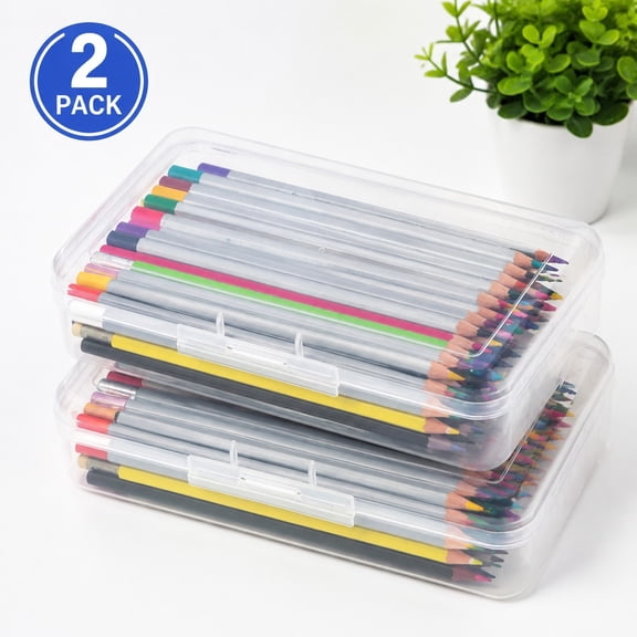 2 Pack Hard Plastic Pencil Boxes, Large Capacity Stackable Snap Lid, Stationery Organizer for School Classroom Office Supplies
