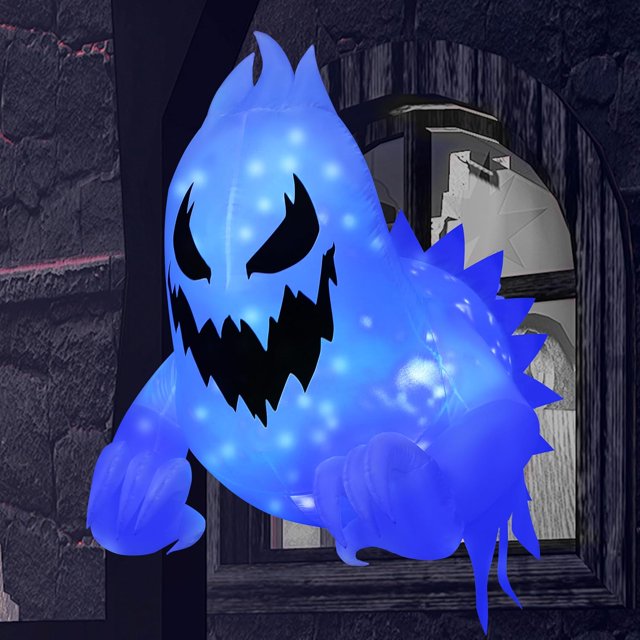 FT Halloween Inflatable Scary Ghost Outdoor Decoration Inflatable Window Breaker Decoration with Rotating Purple LEDs Blow Up Ghost Halloween Window Decor for Party Garden Yard Deco