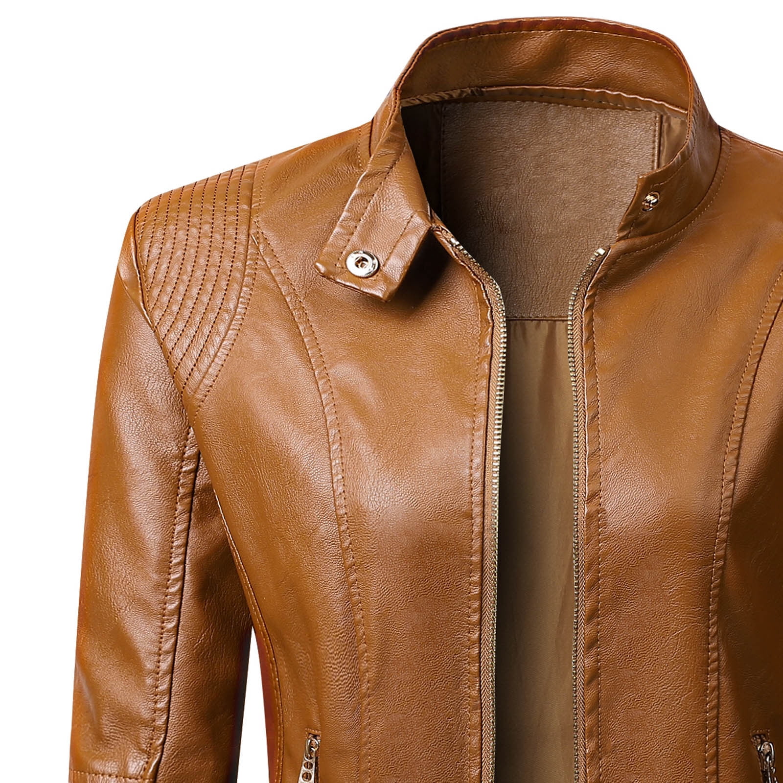 Lcziwo Women Jacket Leather Long Sleeve Solid Color Jackets Standing Collar Zip Up Casual Coats Open Front Biker Moto Cardigan Outerwear 2025 Brown,XXL