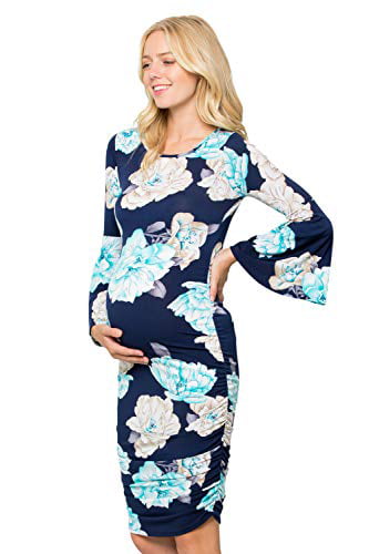Printed Fitted Stretch Bell Sleeve W/Ruched My Bump Women's Maternity Dress 