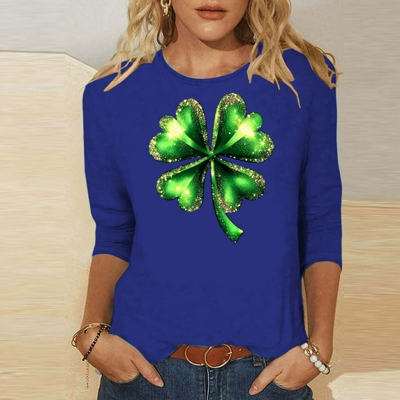 Ruimatai Women's St. Patrick's Day T-Shirt Casual Printed Pullover Top 3/4 Sleeve Round Neck Comfortable Holiday Party Wear