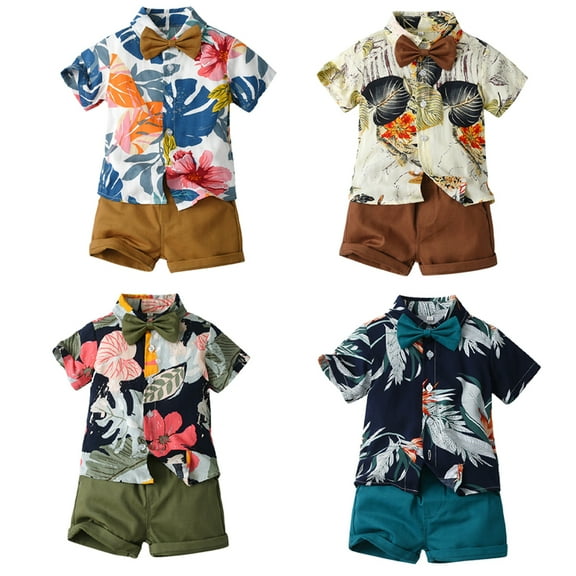 Esaierr Kids Baby Summer Hawaii Beach 2Pcs Sets for Boys,Toddler Short Sleeve Lapel down Button down Print Beach Shirts and Short Pants Two-Piece Set,Sizes 6M-6T