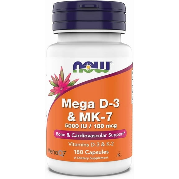 Now Supplements, Mega D-3 & MK-7, 5000 IU / 180 mcg, Bone & Cardiovascular Support*, Vitamins K-3 & K-2, 180 Capsules