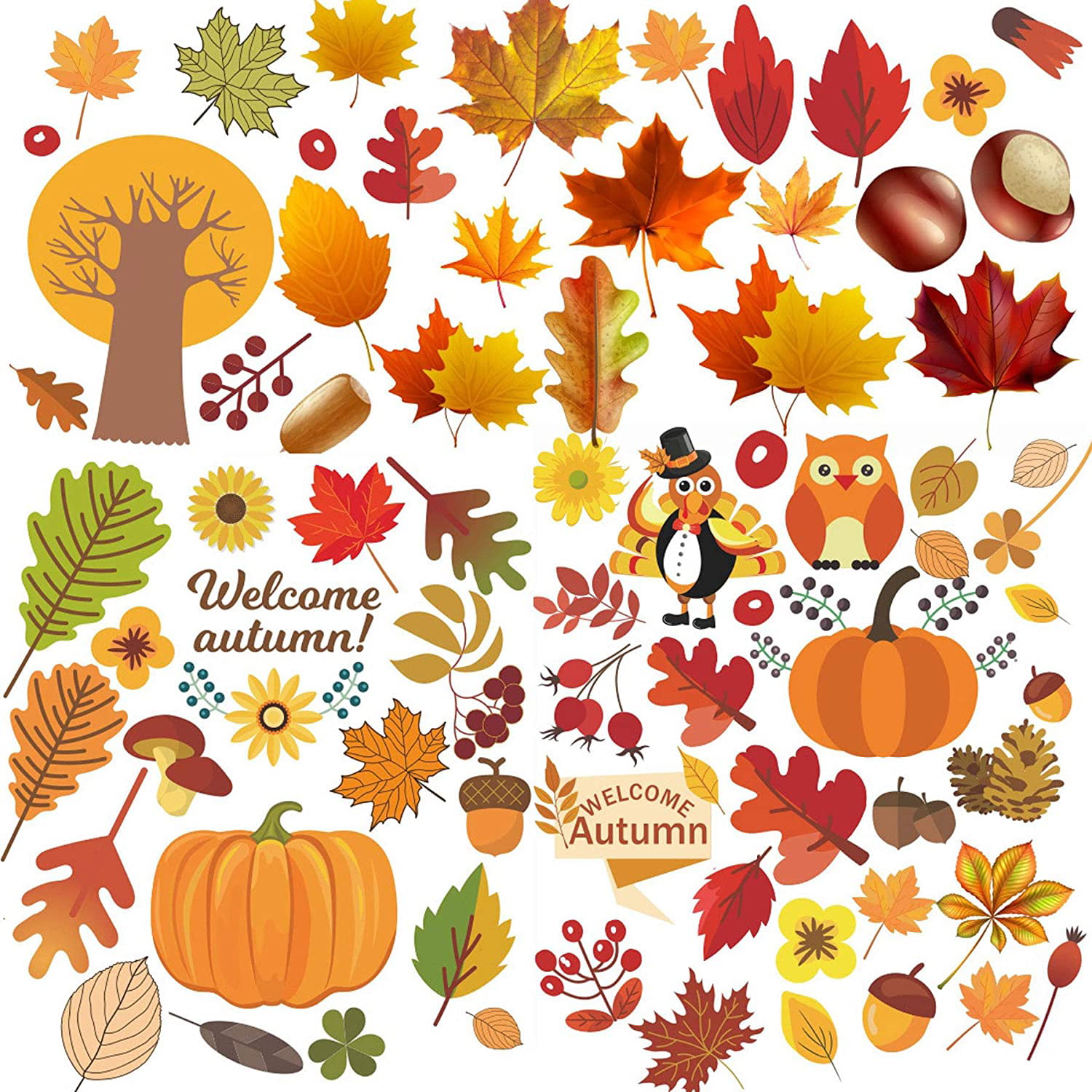 400 Pieces Fall Leaves Window Clings Stickers Thanksgiving Pumpkin Turkey Straw Hat Maple Leaves Acorns Window Stickers for Autumn Party Decorations Style Set 2 3 Sheets 