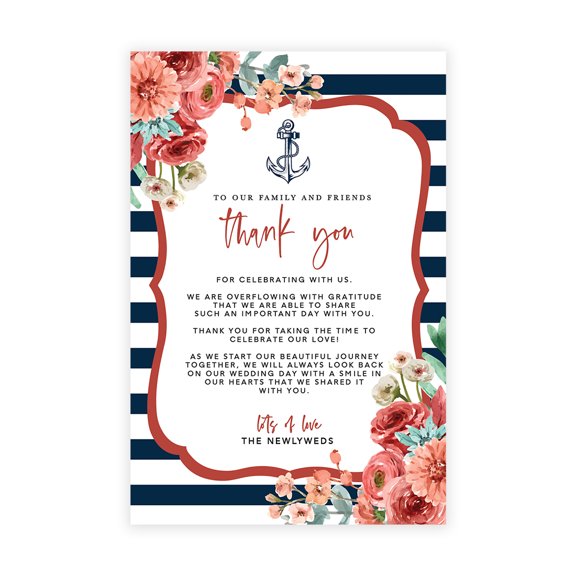 Koyal Wholesale Nautical Floral Theme Wedding Thank You Place Setting Cards for Table Reception, Dinner Plates, 56-Pack