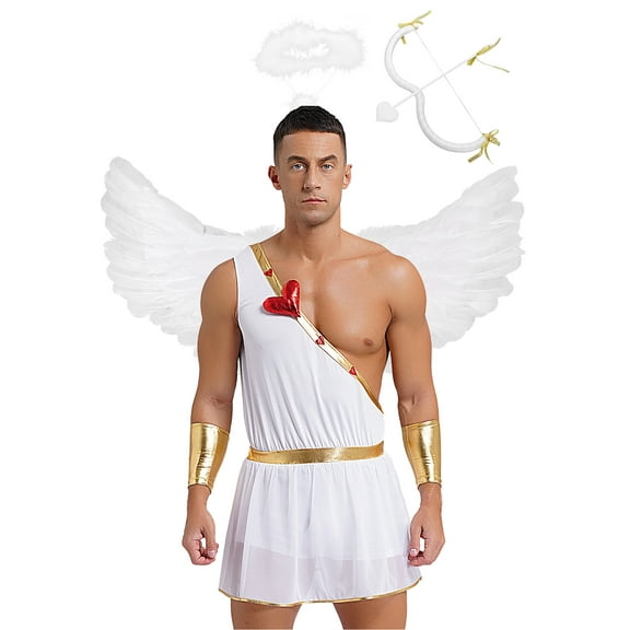 Haitryli Mens Adult Cupid Costume Greek Roman God of Love Valentine Dress Up with Wings Headband and White L