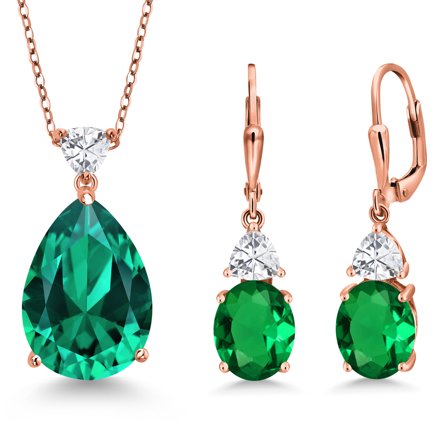 Gem Stone King 18K Rose Gold Plated Silver Green Nano Emerald and White Zirconia Pendant Earrings Jewelry Set for Women (15.56 Cttw, Pear Shape 18X13MM, with 18 inch Chain)