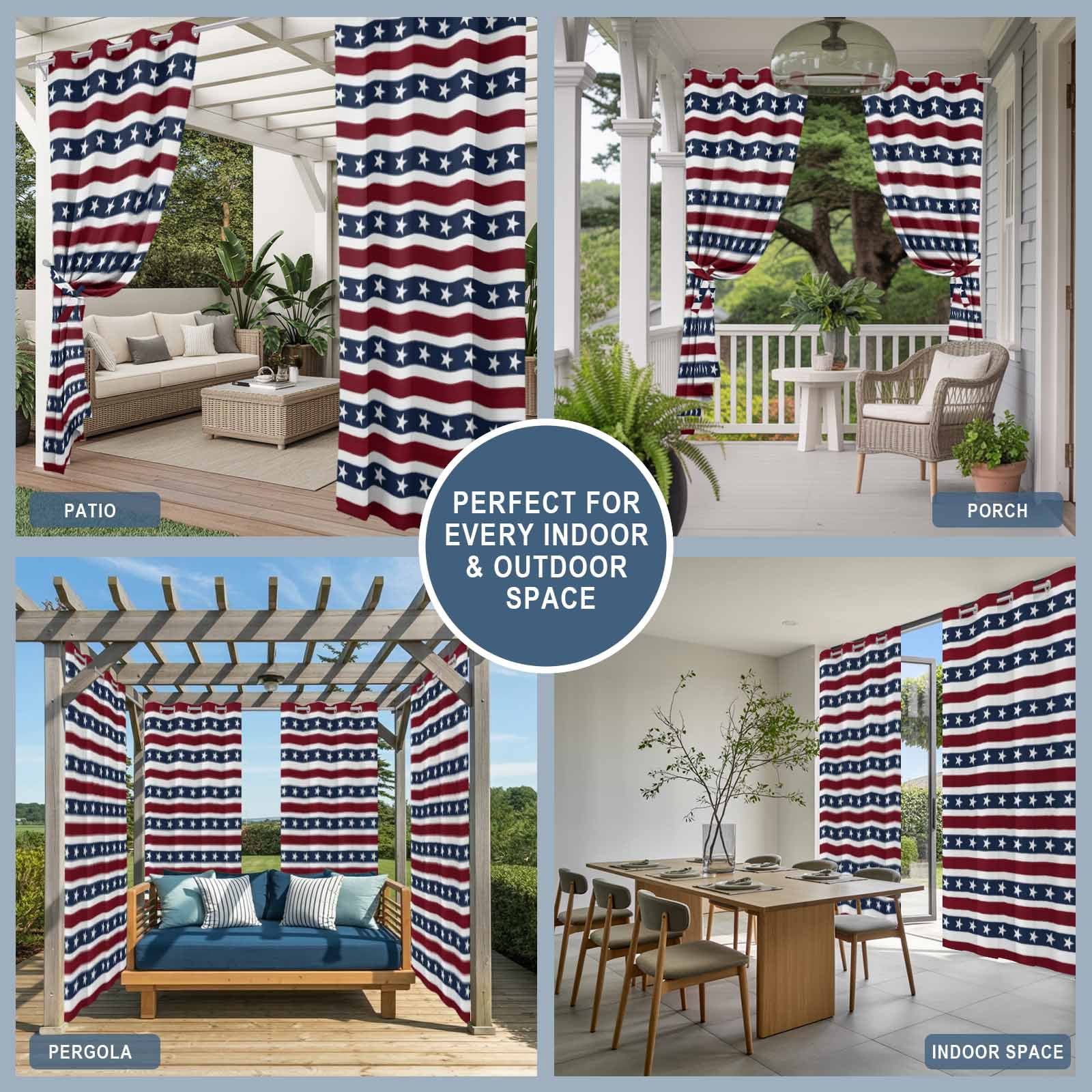 Independence Day Outdoor Curtains for Patio, Watercolor U, S, Flag Themed White Five-Pointed Star Sunshade Privacy Drapes Grommet Waterproof Outside Curtains for Porch Balcony 54"x108", 1 Panel