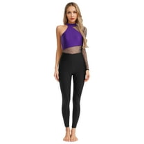 TiaoBug Women Full Body Dance Unitard Single Long Sleeve Mesh Cutout Ballet Leotard Gymnastics Bodysuit Dancewear Purple XXL