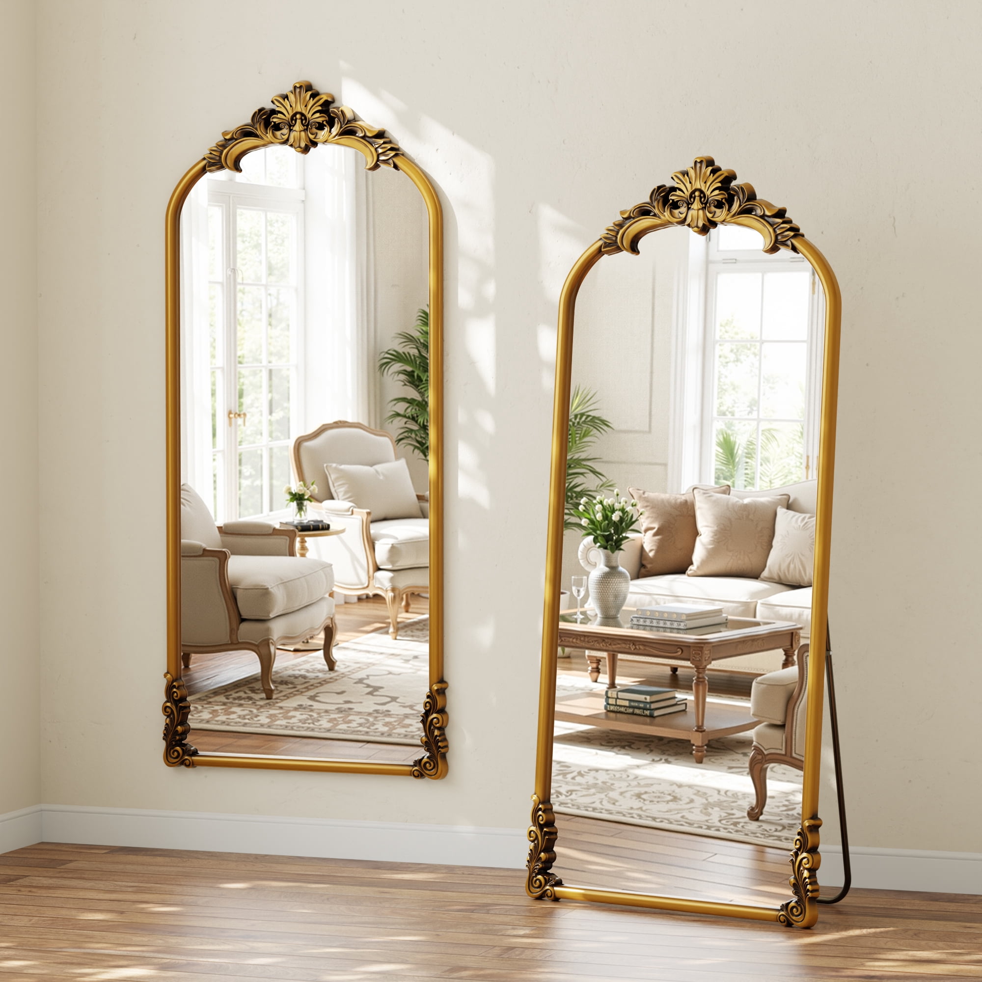 Easy4Home 69"x28" Arched Full-Length Floor Mirror Smooth Arch Top Floral Crest Standing Mirror, Bright Gold